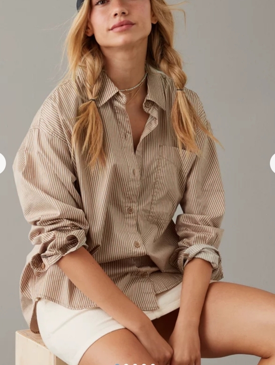American Eagle Outfitters Tops - NWT American Eagle Perfect Button-Up Shirt Women's Oversized Tan Stripe Medium